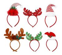 IWOWHERO 6Pcs Christmas Headband Set for Adults and, Plush Antler Hairbands in Coffee, Red and Green with Satin Bows, Red and Gold Xmas Hat Hair Accessories for Holiday Party