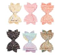 IWOWHERO 6Pcs Double-Layer Sequined Bow Hair Clips Set, Handmade Glitter Wave Bow Headwear, Lovely Hair Accessories for Party and Everyday Use Random Color Random Color