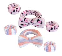 IWOWHERO 6Pcs Women'S Face Wash Headbands and Wristbands Set, Pink Leopard Print Blue Red Striped Fleece Spa Headband for Makeup, Sweat Absorbent Hair Bands for Skincare and Sports