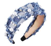 IWOWHERO Denim Wide Headband Women Rhinestone Pearl Embellished Knotted Elastic Non-slip Soft Comfortable Hairband for Party Spa Running and Casual Wear
