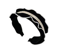IWOWHERO Elegant Black Pearl Headband with Ruffled Edge Decorative Fabric Hair Accessory for Women Stylish Elastic Hairband for Parties Weddings and Daily Wear