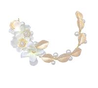 IWOWHERO Elegant Bridal Headdress White Cloth Flower Headband with Golden Leaf and Pearl Beads Wedding Headpiece for Bride Party Evening Prom Celebrations