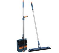 IWOWHERO Folding Broom and Dustpan Set 3pcs Compact Home Cleaning Kit Mocha Blue with Standing Dustpan for Indoor Use