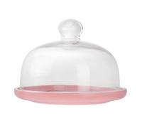 IWOWHERO Matte Pink Nordic Ceramic Dessert Plate with Glass Cover Round Fruit Snack Tray for Party Serving Premium Safe Materials Elegant Minimalist Style for Home and Restaurant Use