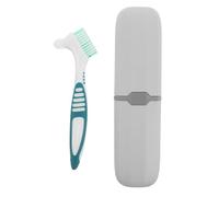 IWOWHERO Portable Denture Cleaning Brush with Travel Storage Case, Professional Dental Brush Set for Retainers and False Teeth Care, Green Toothbrush with Blue-Grey Plastic Container for