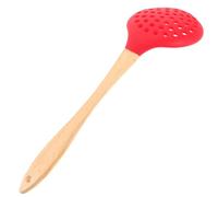 IWOWHERO Silicone Skimmer with Bent Rubber Wood Handle, Heat Resistant Oil Filter Spoon and Food Serving Colander, Red Kitchen Utensil for Hot Pot and Frying Strainer Use Random Style