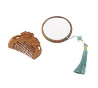 IWOWHERO Vintage Hand-carved Wooden Comb and Travel Hand Mirror Set with Tassel Compact Lightweight Makeup Mirror for Home Office Outdoor Use