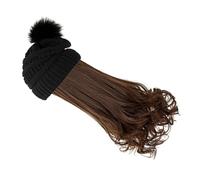 IWOWHERO Winter Beanie Wig Set for Women, Black Knitted Warm Hat with Detachable Light Brown Long Wavy Hair Wig, Soft Pom Pom Cap for Cold Weather and Daily Wear
