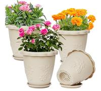 IWTTWY 4 Pack Plastic Plant Pots, 18CM Modern Flower Pots with Saucers and drainage holes, Thicken Orchid Pots Planters Indoor Outdoor for Herb, Peace Lily, Snake Plant, Succulent (Off White)