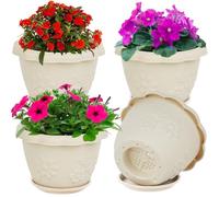 IWTTWY 4 Pack Plastic Plant Pots, 18CM Thicken Orchid Pots with Saucers and drainage holes, Modern Flower Pots Planters Herb Pots Indoor Outdoor for Peace Lily, Snake Plant, Succulent (Off White)
