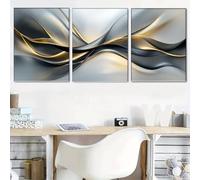 IXEHOH Abstract Grey and Gold Canvas Wall Art 3 Piece Set, Modern Flowing Waves Pictures Wall Decor, Large Horizontal Artwork for Walls, Contemporary Living Room Bedroom Office 70x100cmx3