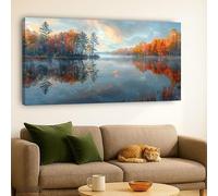 IXEHOH Autumn Lake Landscape Canvas Wall Art Prints, Serene Nature Reflection Pictures Wall Decor, Large Horizontal Painting for Living Room, Vibrant Forest Sunset Aesthetic Art 70x145cm