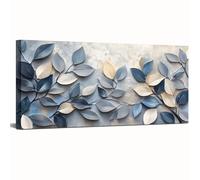 IXEHOH Blue and Beige Textured Leaf Painting Large Wall Art Canvas Prints Modern Botanical Pictures Wall Decor for Living Room Horizontal Wall Art Aesthetic Nature Art 50x100cm