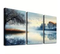 IXEHOH Misty Lake Landscape Canvas Wall Art 3 Piece Triptych Serene Nature Scene with Birds & Tree Silhouette Paintings Wall Decor for Living Room Bedroom Aesthetic Wall Art 40x60cmx3