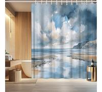IXEHOH Ocean Beach Watercolor Shower Curtain,Coastal WavesLandscape,Shower Curtain with Hooks Bathroom Decor,Machine Washable Fabric(220x180cm/87x71in(WxH))