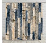 IXEHOH Vintage Rustic Shower Curtain with Striped Wood Panel Shower Curtain- Grey,Blue Beige Polyester Fabric,12 Hooks,Washable(243x182cm/96x72in(WxH))