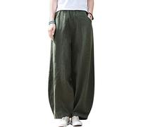 IXIMO Women's Casual Cotton Linen Baggy Pants with Elastic Waist Relax Fit Lantern Trouser, Army Green, Large