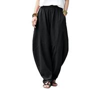 IXIMO Women's Cotton Linen Pants Casual Elastic Waist Lantern Slacks Loose Fit Baggy Patchwork Trousers, Black, XL