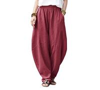 IXIMO Women's Cotton Linen Pants Casual Elastic Waist Lantern Slacks Loose Fit Baggy Patchwork Trousers, Burgundy, XL