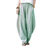 IXIMO Women's Cotton Linen Pants Casual Elastic Waist Lantern Slacks Loose Fit Baggy Patchwork Trousers, Green, Large