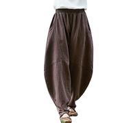IXIMO Women's Cotton Linen Pants Casual Elastic Waist Lantern Slacks Loose Fit Baggy Patchwork Trousers, Brown, S
