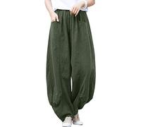 IXIMO Women's Linen Pants Elastic Waist Patchwork Relax Ankle Trousers Front Pockets Army Green S