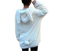 IXITON Winter Women/Girl Fluffy Bear Ear Hoodie, Fuzzy Warm Sweater, Zipper Jacket, Animal Plush Sweatshirt, White Bunny