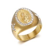 IXMLDAXD ring， Square Jesus & Oval Virgin Mary, Stainless Steel Gold Plated with Side CZ Cross(Mary,O)