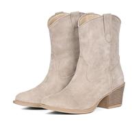 IXU Cowboy Boots for Women Ankle Cowgirl Booties Wide Mid Calf Pointed Toe Western Boots Short Chunky Classic Booties, Suede Taupe, 7 UK