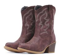 IXU Cowboy Boots for Women Booties Ankle Cowgirl Western Boots Mid Calf Boots Pointed Toe Short Chunky Classic Black Brown Boots, Red Brwon, 10.5