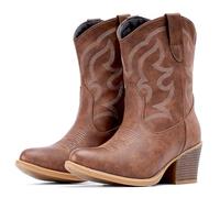 IXU Cowboy Boots for Women Suede Ankle Western Cowgirl Boots Mid Calf Pointed Toe Short Chunky Classic Booties, Brown, 7 UK Wide