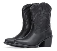 IXU Cowboy Boots for Women Wide Suede Ankle Western Cowgirl Boots Mid Calf Pointed Toe Short Chunky Classic Booties, All Black, 7 UK Wide