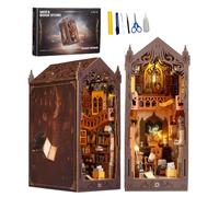 IXYHKB DIY Book Nook Kit, DIY Miniature Dollhouse Book Nook, 3D Wooden Puzzle Art Bookshelf with LED Lights, Creative Wooden Puzzle Bookends, Miniature Bookends Building Model Kit for Adults Teens