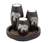 IYARA CRAFT Elephant Candle Holder Set - 3 Handmade Wood Tealight Holders with Tray, Rustic Black Home Décor, Cozy Holiday Centerpiece & Thoughtful for Women, Mom, Housewarming