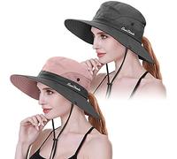 IYEBRAO 2 Pack Womens Ponytail Sun Hat UV Protection Bucket Hats Foldable Wide Brim Summer Boonie Beach Cap Fishing Hiking…, Pink & Grey, One Size