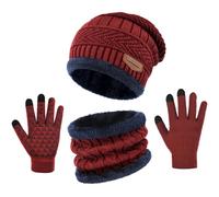 IYEBRAO 3-Pieces Winter Beanie Hat Gloves Scaef Thick Lined Warm Knit Hat Touch Screen Gloves Neck Warmer Cold Weather Men & Women (Wine Red)