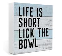 IYEZH Life Is Short Lick the Bowl Toilet Sign - Funny Quotes Wood Box Plaque, Bathroom Decor Block, Home Washroom Desk Shelf Decoration 5x5 Inches