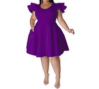 IyMoo Women's Plus Size Cape Flutter Sleeve Stretchy A Line Swing Flared Skater Cocktail Party Dress with Pockets, Purple, 5XL