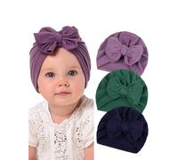 IYOU 3 Pieces Baby Turban Hats Blue Bow Infant Beanie Cap Knot Soft Breathable Toddler Headwraps for Baby Girls