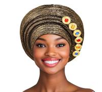 IYOU African Headwrap for Black Women Gold Rhinestone Adjustable Turban Headband Adjustable Vintage Rhinestone Headwear