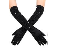 IYOU Black Satin Gloves Pearl Elbow Length 1920s Opera Flapper Gloves for Women