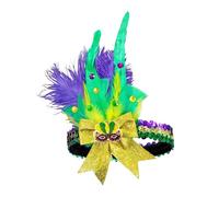 IYOU Feather Mardi Gras Headband Purple Bow Flapper Headpiece Crystal Rave Carnival Hair Accessories for Women
