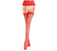 IYOU Lace Garter Belt Stocking Set Red Suspender Thigh High Tights Adjustable Mesh Fishnet Stockings for Women