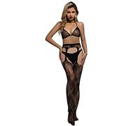 IYOU Sparkly Rhinestone Fishnets Stocking Black Floral Bra High Waist Tights Crystal Nightclub Party Mesh Pantyhose Lingerie Set Fish Net Tights for Women …