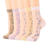 IYOU Vintage Women's Sheer Socks Yellow Flower Ruffled Lace Soft Thin Summer Daily Ankle Socks for Women and Girls (5 Pairs)