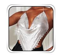 IYOU Women Sequin Crop Top Sparkly Sequins Silver Body Chain Deep V Neck Chain Tank Tops Accessories for Night Club Party Rave Outfit