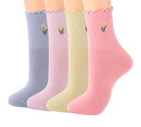 IYOU Women's Ruffle Socks Flower Pink Ankle Socks Summer Cute Knit Cotton Crew Socks for Women(4 Pairs)