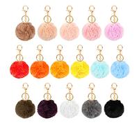 Iyowei 16 PCS Pom Poms Keychains, Plush Fluffy Faux Rabbit Fur Pompoms Keyring Ball Colorful pompom keychain for Women Girls Car Key Handbag Pendant