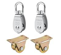 Iyowei 2Pcs M20 Single Pulley Block + 2Pcs V-shaped Wheel Rail, 304 Stainless Cable Steel Pulley Roller Crane Swivel Hook Gate Roller Rigid Track Castor for Ropes, Load Capacity 75 KG