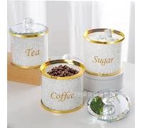 IYUEKE Glass kitchen Canister Sets for Kitchen Counter with Crushed Crystal Diamonds In, Coffee Suger Tea Container Jars with Lid Decorative Glass Food Storage, Set of 3
